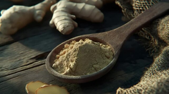Ginger powder in wooden spoon surrounded by ginger root on a rustic cloth on wooden table	