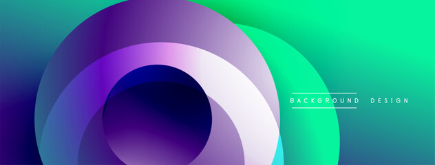 Abstract gradient circles create dynamic visual effect. Smooth transitions between purple, blue, green hues. Modern design element.