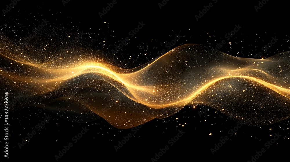 Poster abstract golden wave with sparkling particles on a black background