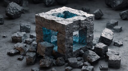 Futuristic 3D illustration of a massive blockchain data block disassembling into glowing smaller cubes symbolizing decentralized ledger technology cryptocurrency transactions and innovative fintech