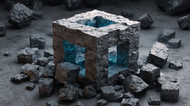 Futuristic 3D illustration of a massive blockchain data block disassembling into glowing smaller cubes symbolizing decentralized ledger technology cryptocurrency transactions and innovative fintech