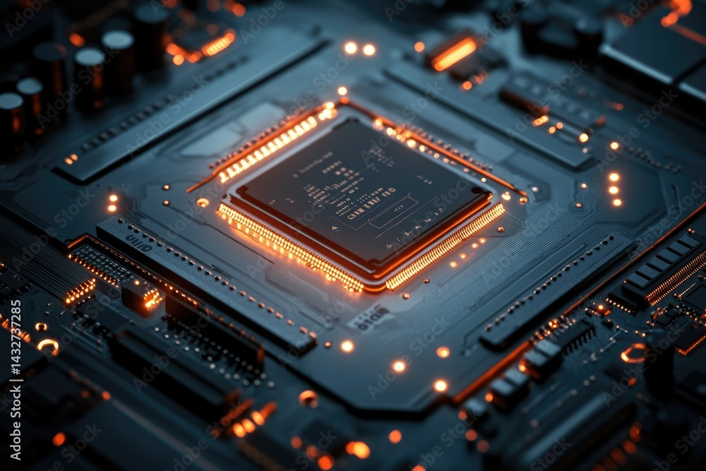 Poster close-up of a central processing unit (cpu) installed on a motherboard, glowing orange.