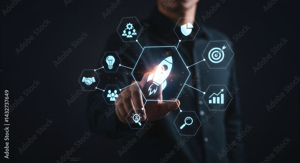 Poster business leader delineating growth metrics and key performance indicators using a holographic interf