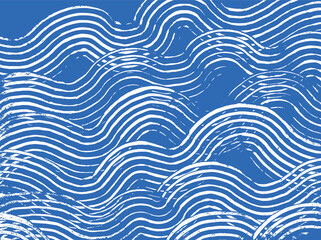 Crafted hand drawn ink brush line abstract waves pattern in white and blue, Japanese and ethnic wood carving, engraving texture surface background, minimal graphic for textile, carpet, decoration