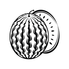 Stylized Watermelon Slice with Seeds Black and White, Fruit Icon, Food Silhouette, Design