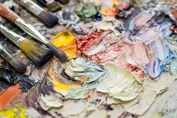 Obraz premium Close-up view of artistic paintbrushes and colorful oil paints on a palette.