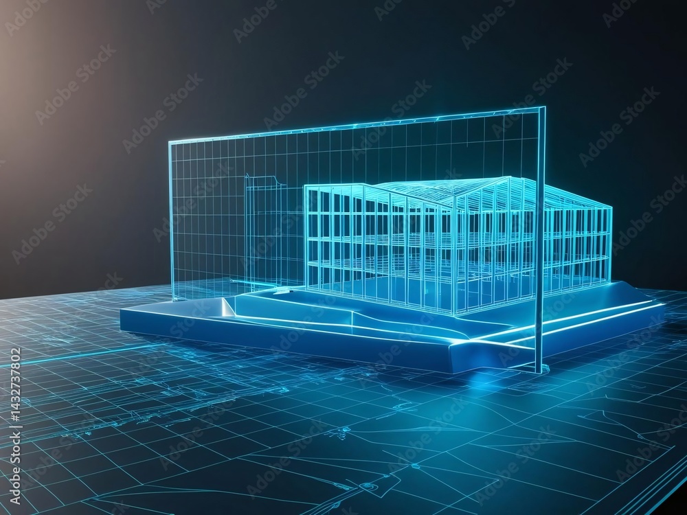Poster blueprint of modern building with holographic display