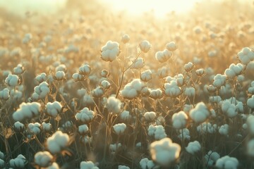 Golden hour illuminates a vast field of fluffy cotton bolls, ready for harvest.