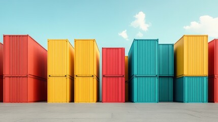 A vibrant arrangement of shipping containers in red, yellow, and blue against a clear blue sky, showcasing industrial colors and patterns.
