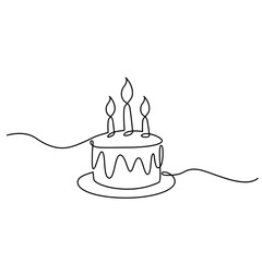 Birthday cake with candles drawn by one line. Holidays and baking concept. Flat vector illustration isolated on white background