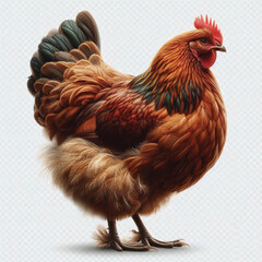 Full Body Brown Chicken Hen Standing Isolated on White Background with Transparent Cutout