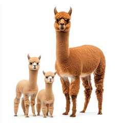 Fototapeta premium A beautiful adult alpaca stands proudly with its two adorable cria against a clean white background showcasing their luxurious fleece and charming expressions.