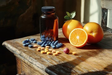 Pills, bottle, and fresh oranges sit on a wooden surface with natural light. It shows health supplements for promoting wellness and a balanced diet.