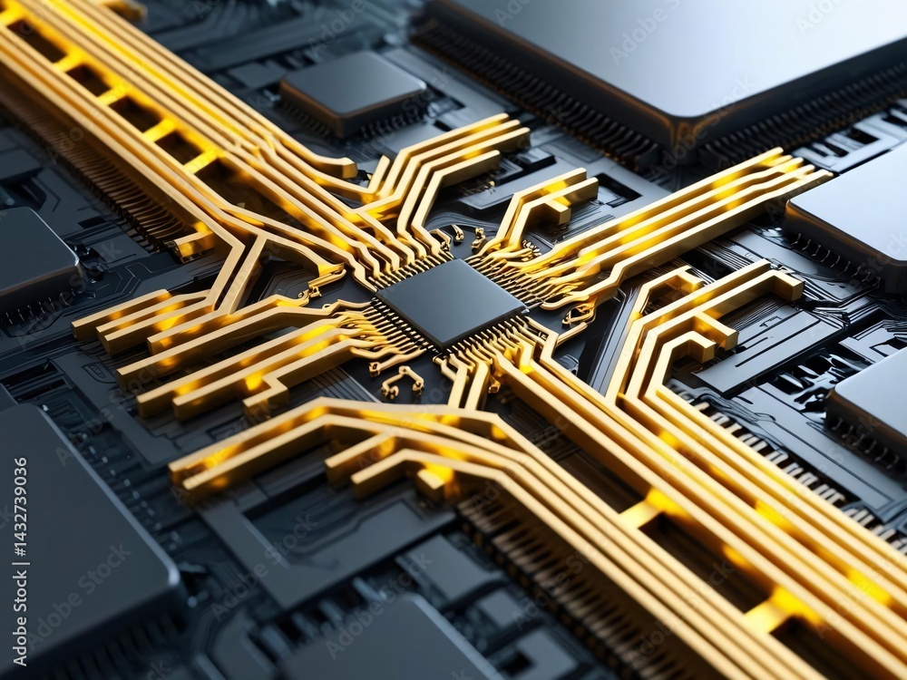 Aufkleber advanced golden circuit board with black microchips for high-tech electronics