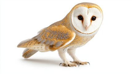 Fototapeta premium A beautiful barn owl with striking orange and white feathers poses against a clean white background showcasing its captivating gaze and intricate plumage details.