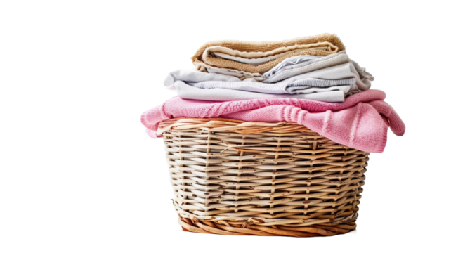 Wicker basket with laundry isolated on white or transparent background.

