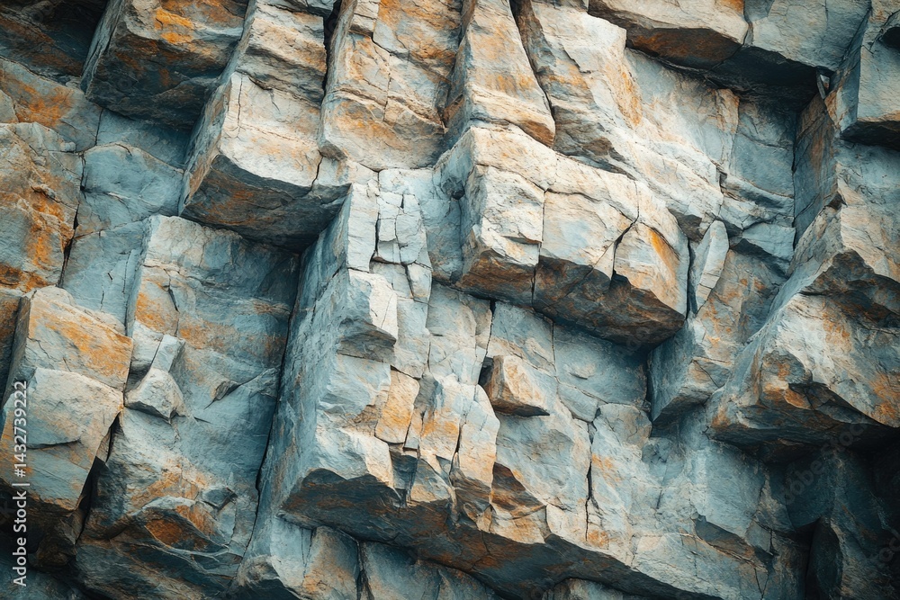 Poster a close-up view of a rugged rock face, showcasing its textured and layered formations.