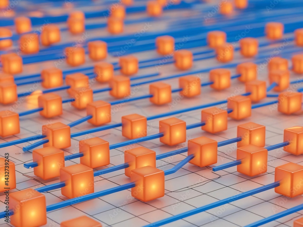 Poster interconnected glowing blocks represent blockchain technology and complex data network