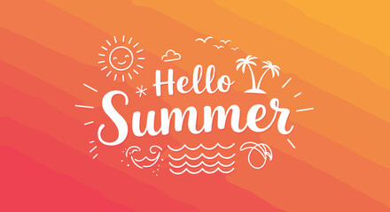 Hello Summer Greeting with Sun, Beach and Waves in Vibrant Colors  