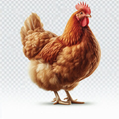 Full Body Brown Chicken Hen Standing Isolated on White Background with Transparent Cutout