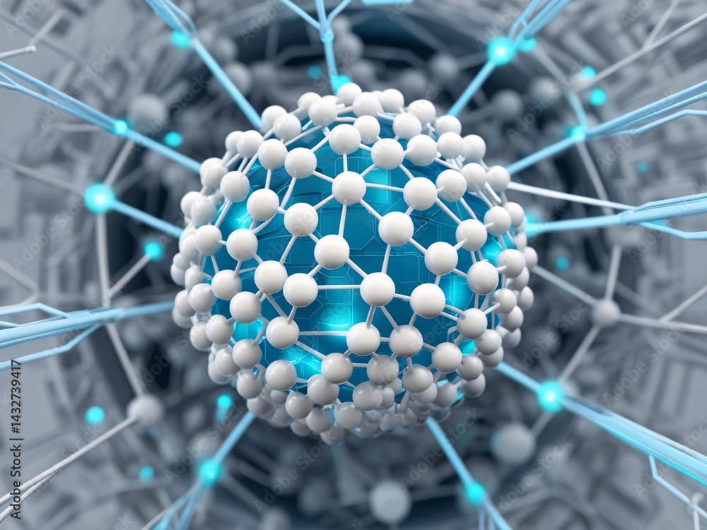 Poster interconnected node network with glowing blue core for technology concepts