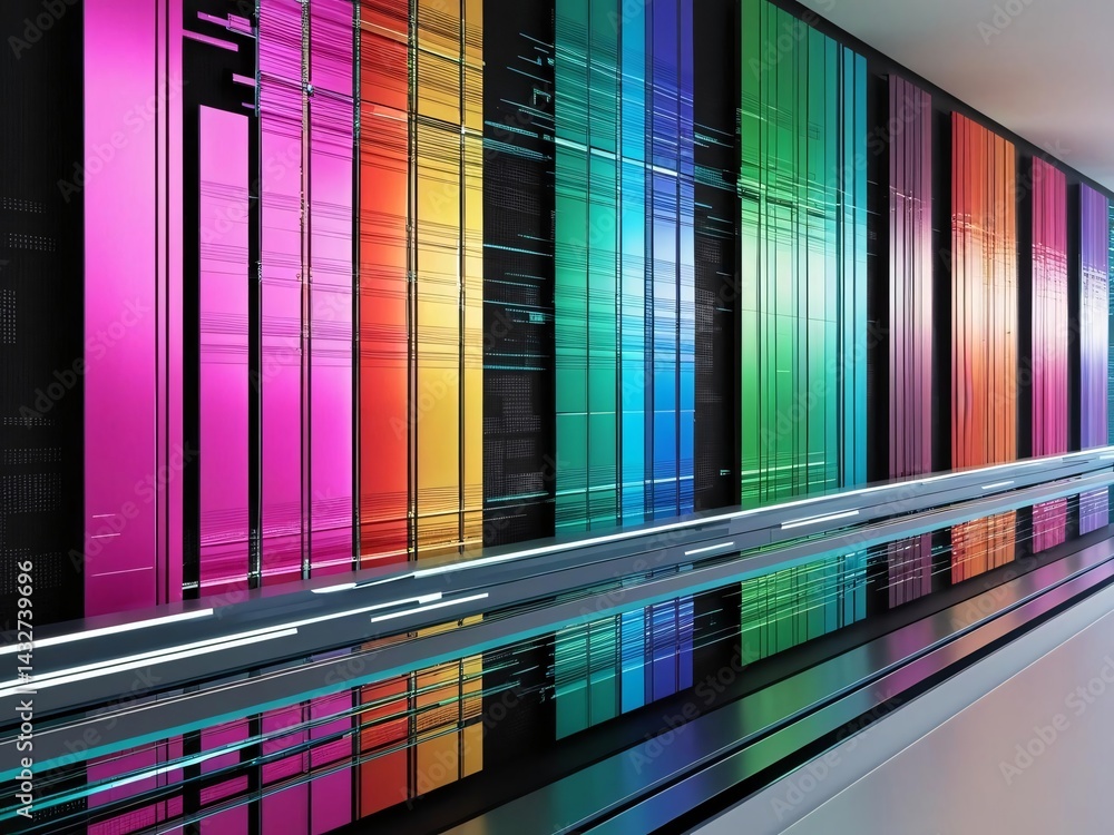 Poster colorful server racks in data center with reflections