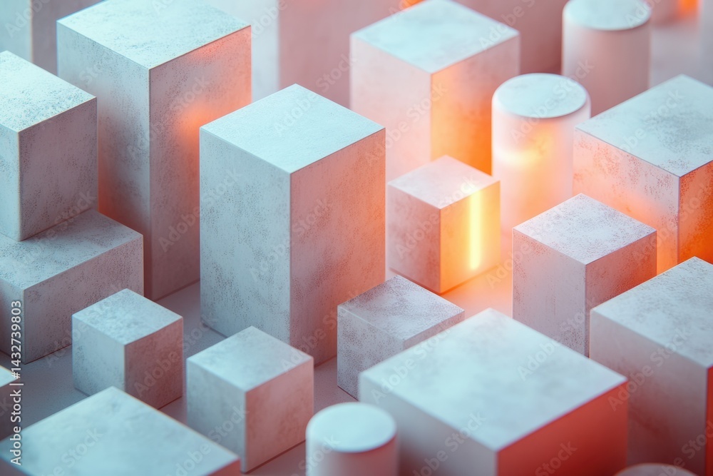Poster Abstract 3D rendering of geometric shapes, illuminated with warm light, creating a modern and minimalist composition.