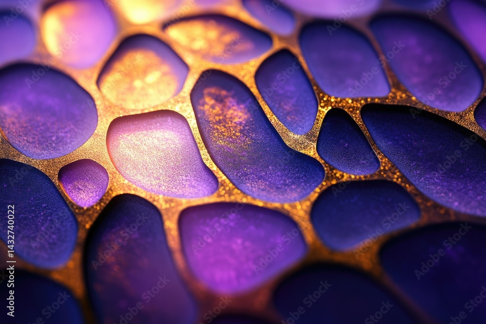 Poster abstract image of an intricate network of purple and gold organic shapes resembling a textured surfa