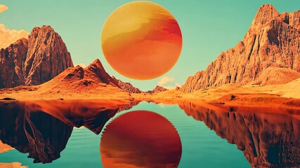 Colorful, surreal landscape with a large orange sun. - Powered by Adobe