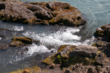 Godafoss Iceland, water rushing over volcanic rocks
