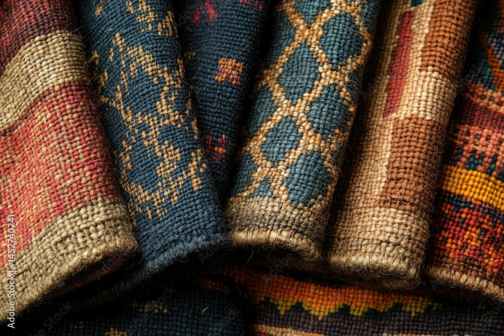 Poster close-up of various intricately woven rugs showcasing diverse patterns and textures.