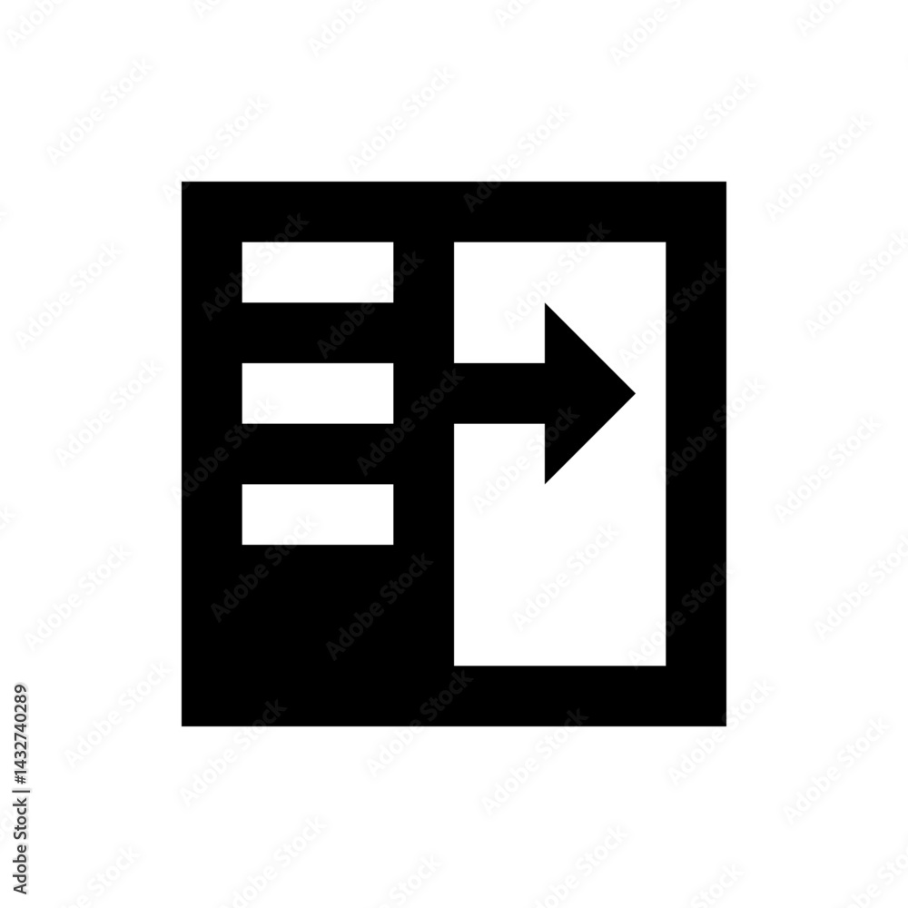 Poster black square with horizontal lines on the left and a right pointing arrow on the right side of the s