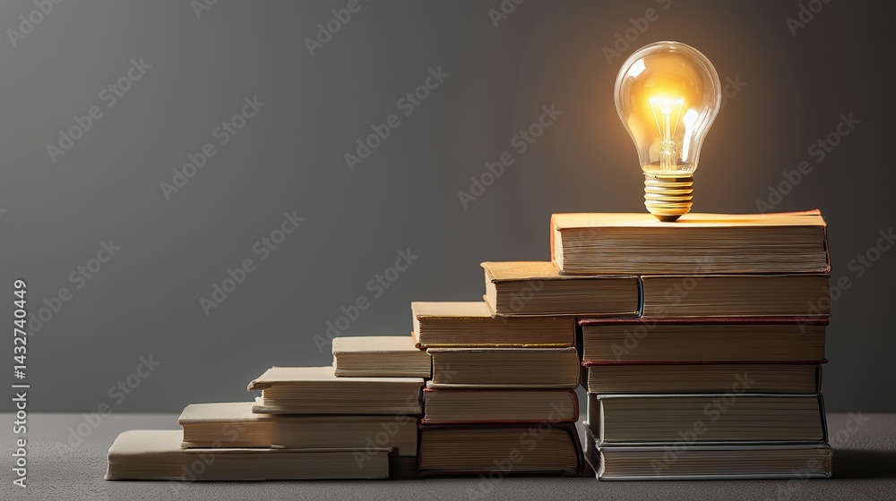 Poster Stack of books turning into steps toward a glowing lightbulb