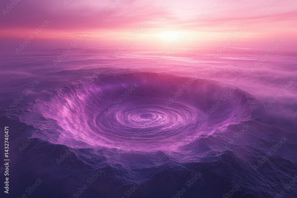 Poster a mesmerizing purple vortex swirls within a crater, bathed in the soft glow of a setting sun.