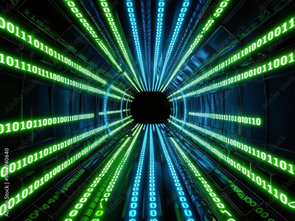 Poster digital tunnel of glowing binary code in shades of blue and green