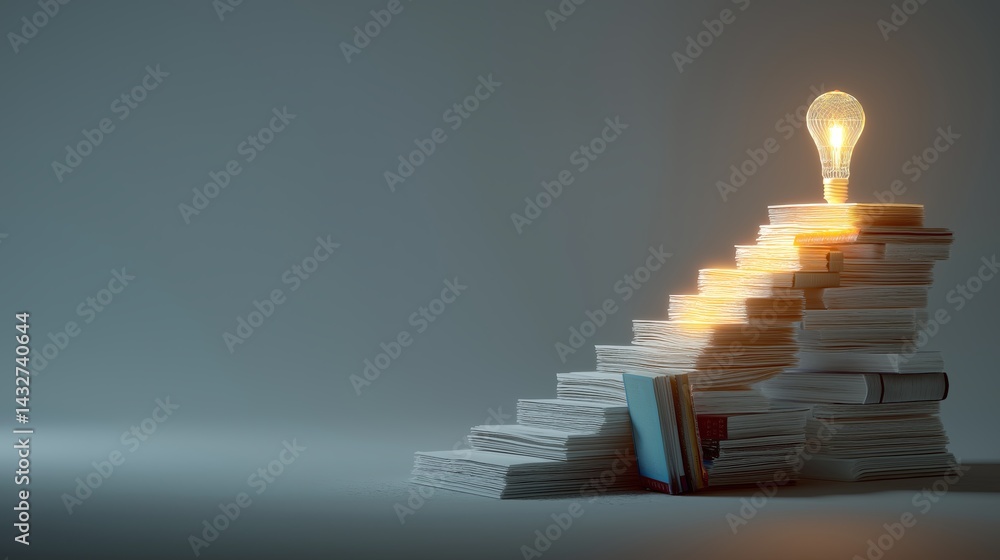 Poster Stack of books turning into steps toward a glowing lightbulb