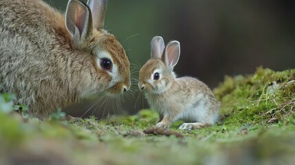 Fototapeta premium A baby rabbit nibbling on grass beside its mother