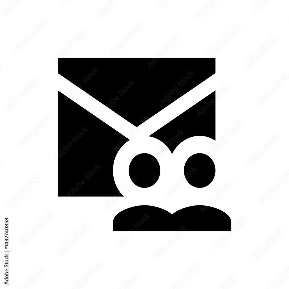 Poster black and white graphic of an envelope with two circles and a curved line below it in a simple desig