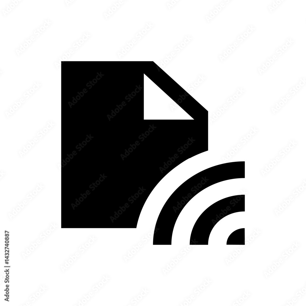 Poster black and white illustration of a document icon with a folded corner and wifi signal emanating from 