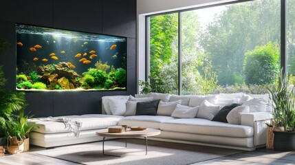 Living room with aquarium, plants, bright light. Cozy interior for home decor