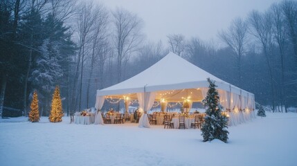 Snowy winter wedding reception tent