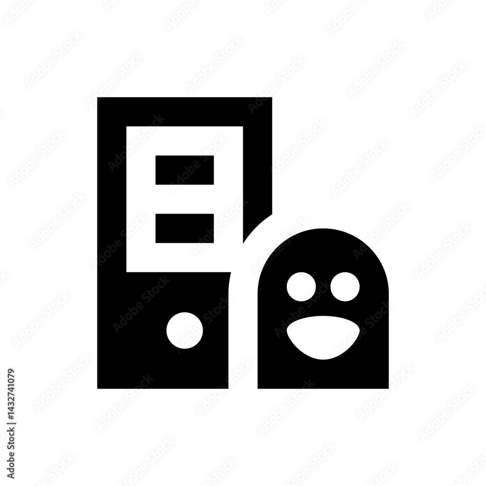 Poster a black and white icon showing a door with a display and a friendly looking character standing besid