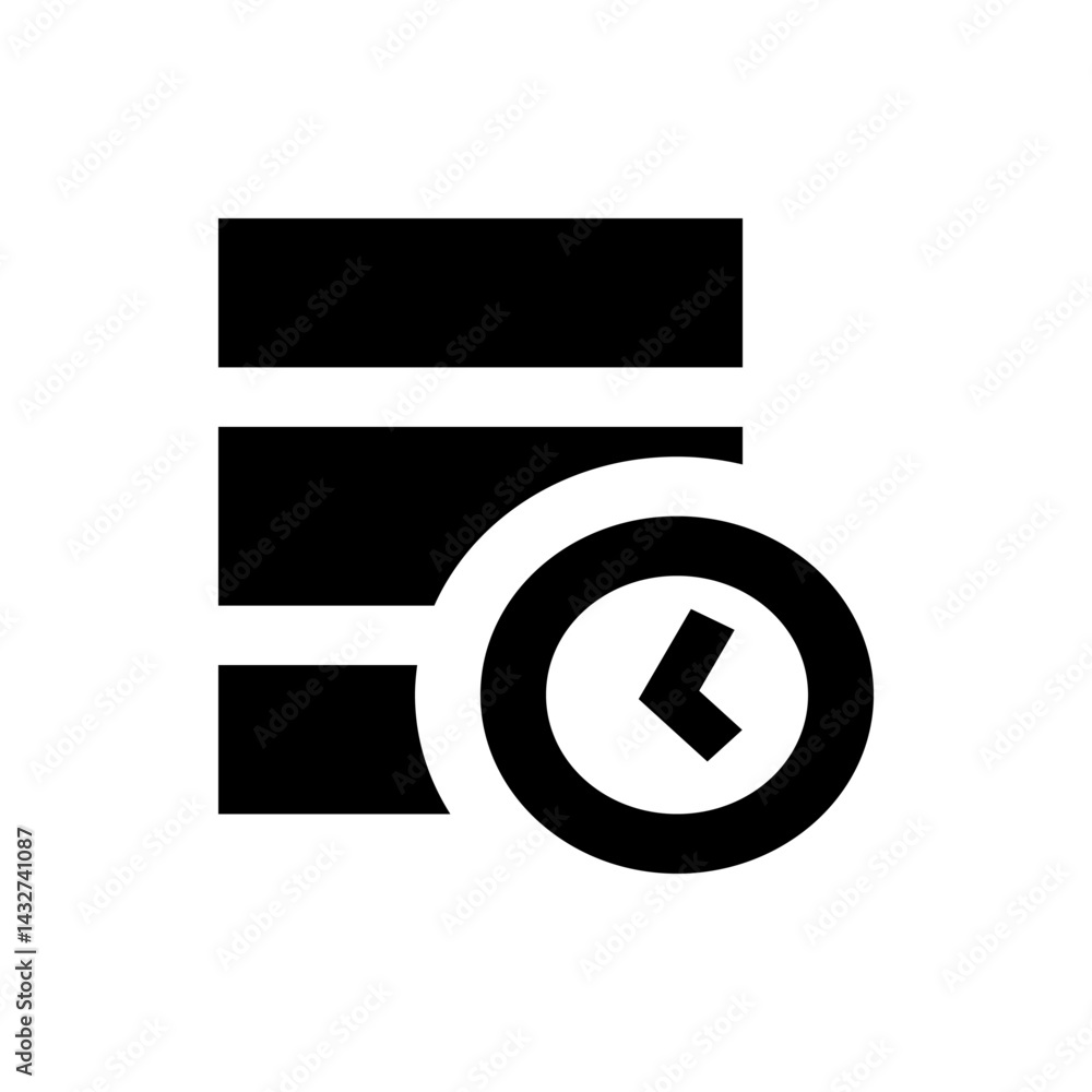 Poster black document stack with a circular arrow pointing left indicating a previous version, on a white b