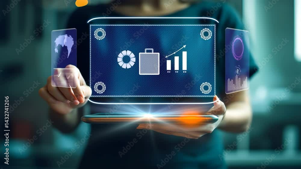Poster woman holding tablet with digital interface displaying charts and graphs for data analysis