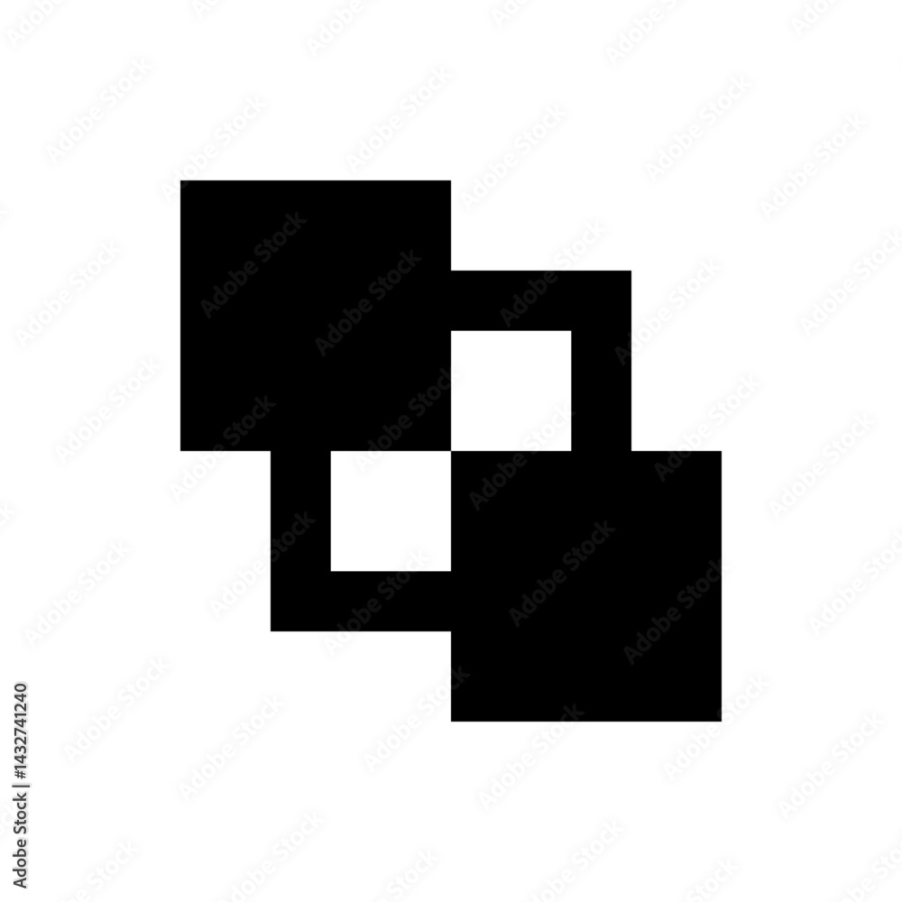 Poster overlapping black squares with white square voids creating a geometric abstract design on white back