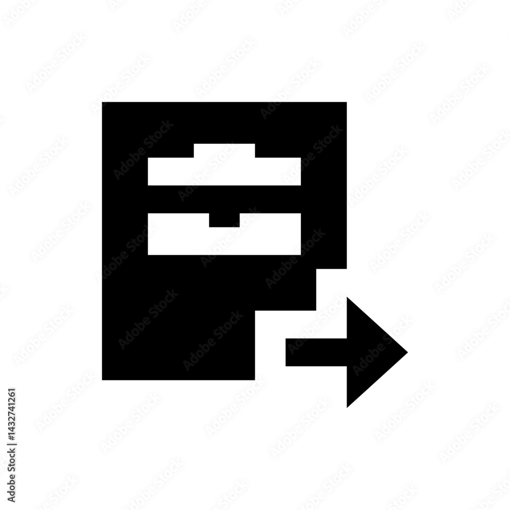 Poster black and white graphic depicting a symbol with rectangular shapes and an arrow pointing to the righ
