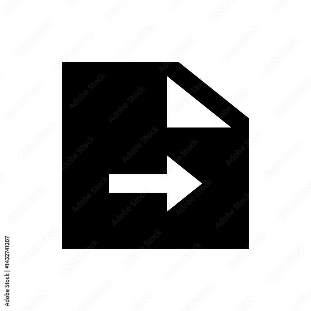 Poster black document icon with a white arrow pointing right and a folded corner in the upper right corner