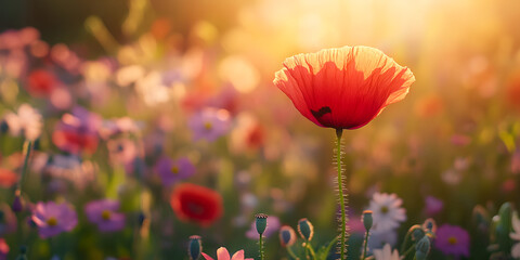 Poppy flower in blooming field at sunset, Close-up of red poppy flower with sunlight, Beautiful red poppy in a vibrant field