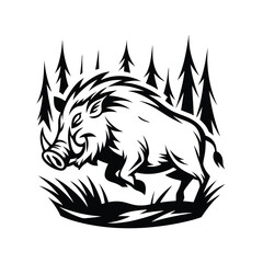Running Boar Silhouette Wild Pig, Forest Trees, Monochrome Outline, Aggressive Animal