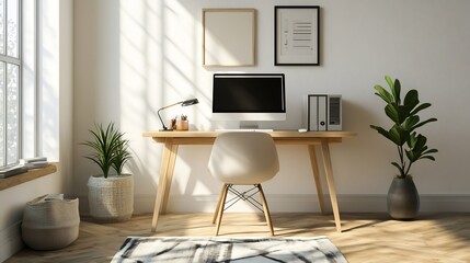 Sunlit Minimalist Home Office: Modern Desk, Plants, and Art